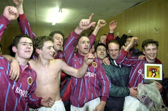 Third-from-left Miller Mathieson, who grew up as an Aberdeen fan, helped Stenhousemuir to a shock Scottish Cup win against the Dons 30 years ago at Ochilview (Pictures by SNS Group)