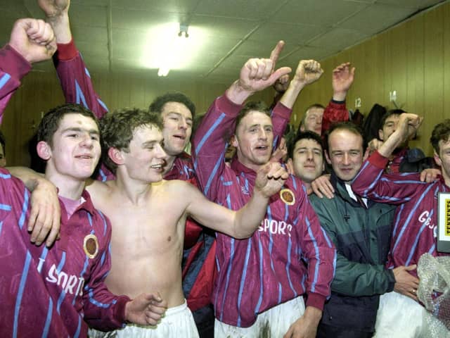 Third-from-left Miller Mathieson, who grew up as an Aberdeen fan, helped Stenhousemuir to a shock Scottish Cup win against the Dons 30 years ago at Ochilview (Pictures by SNS Group)