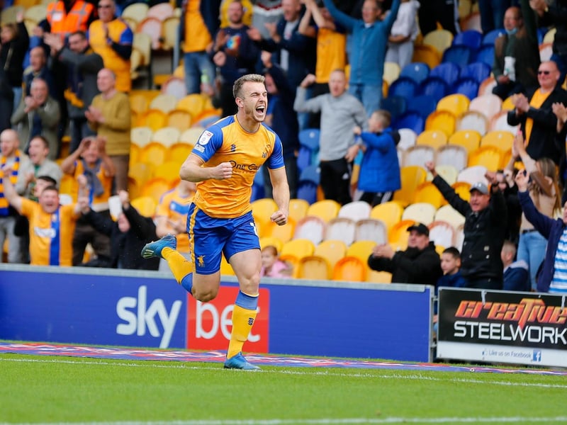 Mansfield Town forward Rhys Oates celebrates his early goal against Harrogate.