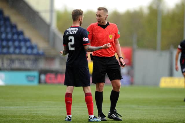 Falkirk fullback Scott Mercer questions the decision by referee Steven Kirkland to disallow Sean Kelly's 90th minute goal in their 2-1 defeat to Montrose last Saturday