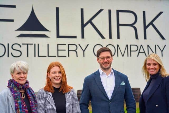 A partnership has been formed between Falkirk Distillery and MiAlgae.  From left, Dr Johann Partridge (MiAlgae),  Rebecca Kean (Falkirk Distillery), Douglas Martin (MiAlgae), and Fiona Stewart (Falkirk Distillery).