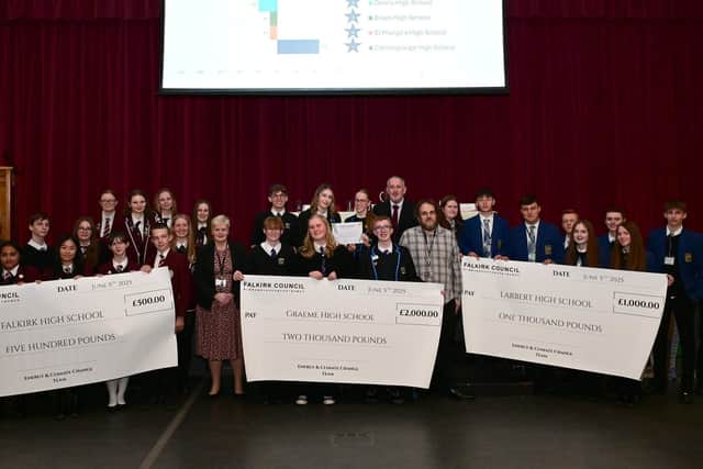 Graeme High School pupils celebrate their win with runners up Larbert High and third place Falkirk High (Picture: Submitted)