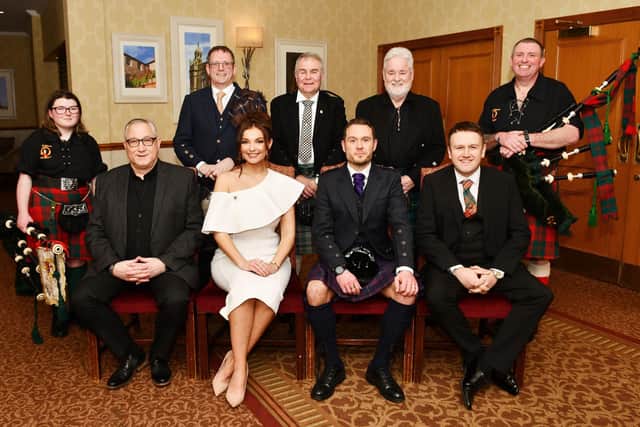 Top table guests and performers at the Cammy Shanks Community Foundation 2024 Burns Supper: back row, Megan Salmond, Sean Pearson, Willie Barr, Joseph Derek Morrow and Will Lunn. Front row, Robbie Carran, Sophie Wallace, Jordan Young and Richard Smith (Reg Smith). Pic: Michael Gillen