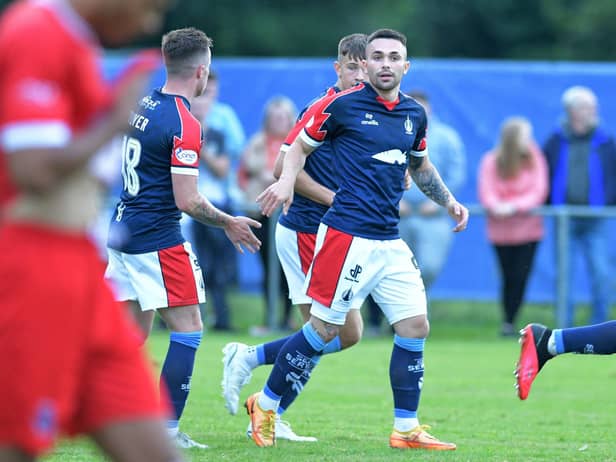 Jordan Allan celebrates drawing Falkirk level against Civil Service Strollers (Pictures by Michael Gillen)