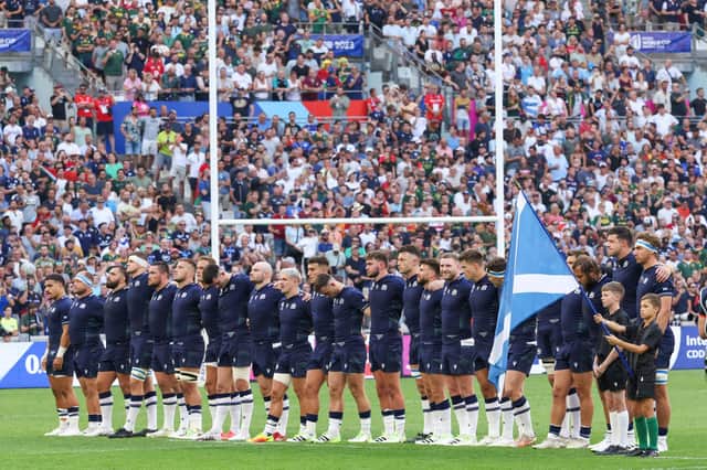 Falkirk’s Ramsey Stanners, pictured left of the flag bearer, led the Scotland team out in Marseille for their World Cup opener against South Africa (Photo: Pascal Guyot/Getty Images)