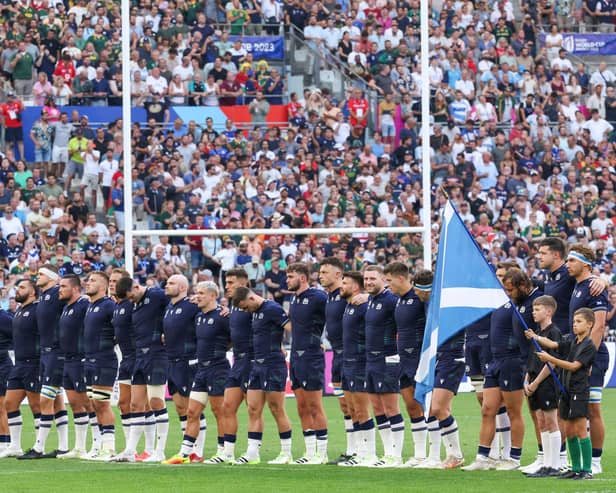 Falkirk’s Ramsey Stanners, pictured left of the flag bearer, led the Scotland team out in Marseille for their World Cup opener against South Africa (Photo: Pascal Guyot/Getty Images)