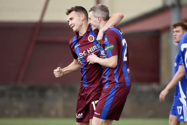 Michael Anderson is congratulated by Blair Alston after scoring against Cove Rangers for Stenhousemuir last Saturday (Photo: Alan Murray)