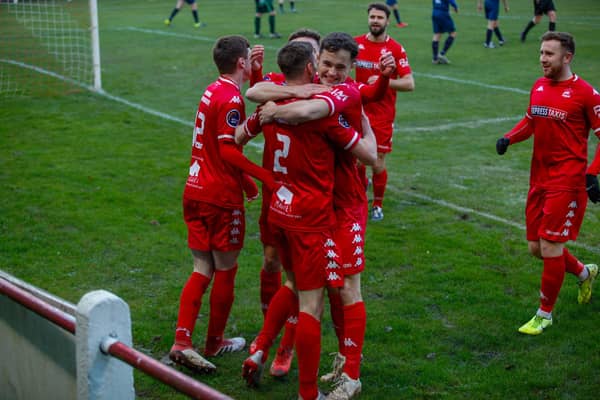 Camelon celebrate after Greg Macpherson scores to put them 1-0 up in the first half of Saturday's 8-0 win over Tynecastle