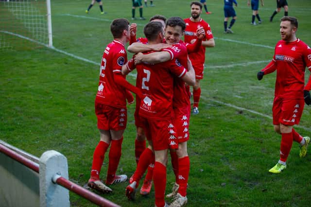Camelon celebrate after Greg Macpherson scores to put them 1-0 up in the first half of Saturday's 8-0 win over Tynecastle