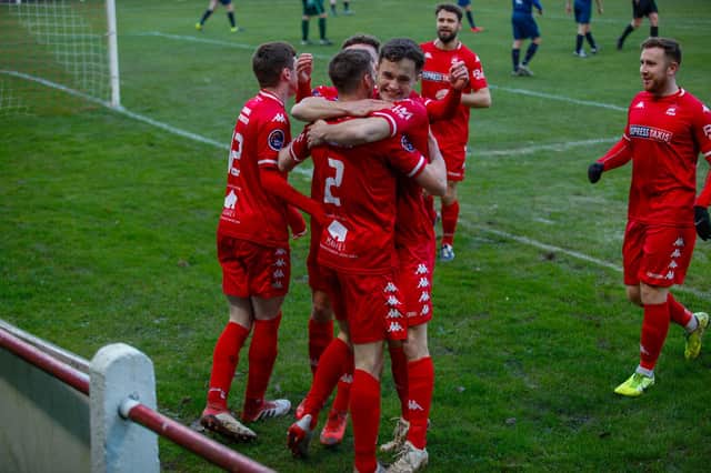 Camelon celebrate after Greg Macpherson scores to put them 1-0 up in the first half of Saturday's 8-0 win over Tynecastle