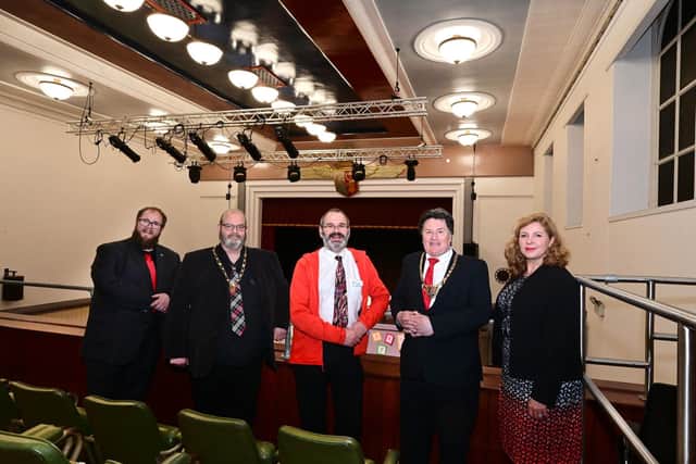 Inspecting the new equipment at Grangemouth Town Hall, left to right, Councillor Iain Sinclair, portfolio holder for education; Councillor David Balfour, depute provost; Gary Smith, team leader; Provost Robert Bissett; and Rhona Jay, education service manager