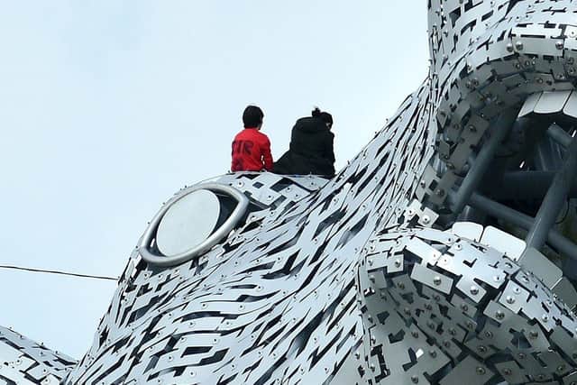 The two climate activists climbed to the very top of the Kelpies during the incident
(Picture: Michael Gillen, National World)