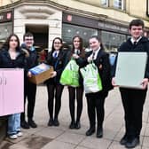 Feed Falkirk community cupboard pupils Lucja Trzeciecka, Callum Higgins, Mina Keenan, Jessica Carngle, Codi McNiven and Edwin Walker hand over their donations to the Salvation Army (Picture: Michael Gillen, National World)