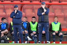 Falkirk boss John McGlynn and assistant manager Paul Smith on the touchline against Airdrie during the first leg (Photo: Michael Gillen)