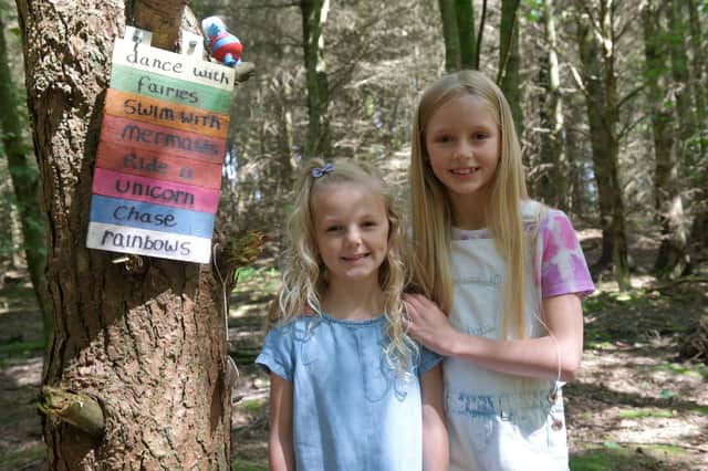 Heidi (5) and Holly (8) Wilson started making a Fairy Trail in the woods at the old opencast site near Avonbridge during lockdown.  Pic: Michael Gillen.