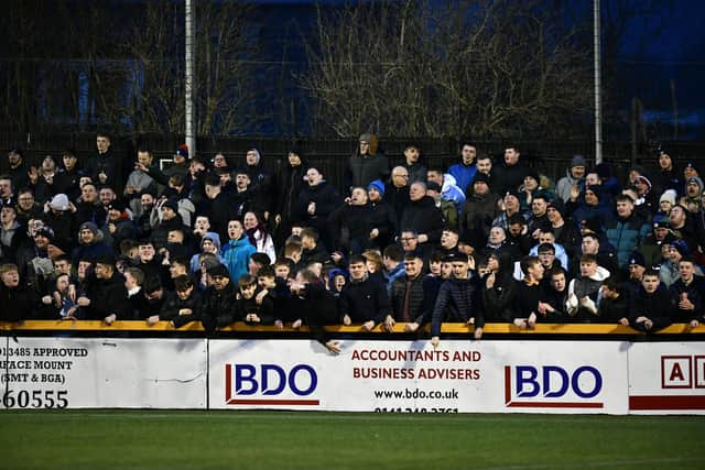 The travelling Falkirk support enjoy the moment at full time after the 2-1 win over Alloa Athletic