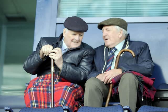 Dr Gillies Sinclair (right) alongside friend Eddie Moffat watching on as Falkirk faced St Mirren back in 2017 (Photo: Michael Gillen)