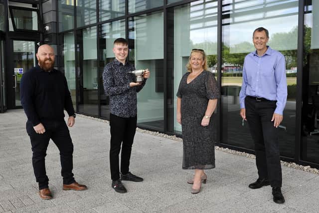 Chris Hall, Jane Hall and Stuart Collings join George Hall Achievement Award winner 2021 Calum McKay at Ineos HQ