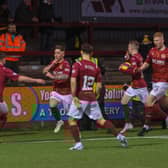 Matty Yates gestures after netting a 95th minute equaliser for Stenhousemuir on Saturday against League 2 leaders Dumbarton (Pics by Scott Louden)