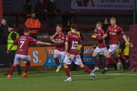 Matty Yates gestures after netting a 95th minute equaliser for Stenhousemuir on Saturday against League 2 leaders Dumbarton (Pics by Scott Louden)