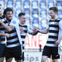 Ayr United loanee Lucas McRoberts (left) is congratulated by his East Stirlingshire team-mates after scoring against Celtic B last Saturday at the Falkirk Stadium (Pics by Michael Gillen)