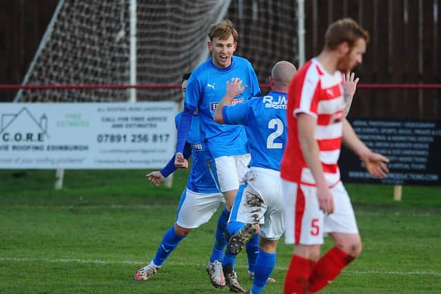 Zander Miller celebrates scoring a goal for Bo'ness United (Submitted pic)