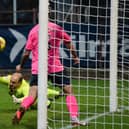 DUNDEE, SCOTLAND - NOVEMBER 12: Zach Robinson scores to make it 2-0 uring a cinch Championship match between Dundee and Raith Rovers at Dens Park, on November 12, 2022, in Dundee, Scotland. (Photo by Sammy Turner / SNS Group)