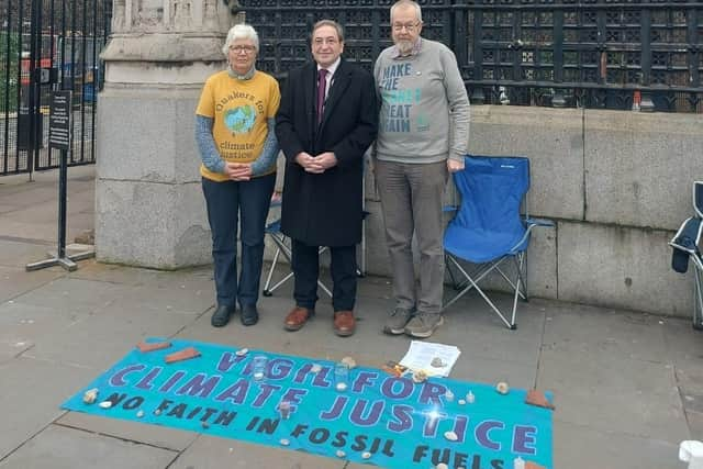 Falkirk MP John McNally join constituents Cath and Richard Dyer during the climate justice protest in Westminster
(Picture: Submitted)