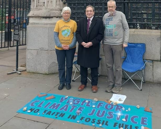 Falkirk MP John McNally join constituents Cath and Richard Dyer during the climate justice protest in Westminster
(Picture: Submitted)