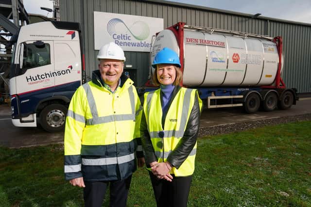 Mark Simmers of Celtic Renewables and Bettina Brierly of Caldic with the first tanker of Butanol leaving the Grangemouth plant (Picture: Ashley Coombes)