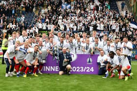 04-05-2024. Picture Michael Gillen. FALKIRK. Falkirk Stadium. Falkirk FC v Alloa Athletic FC. Season 2023 - 2024. Matchday 36. SPFL cinch League One. Trophy Day.