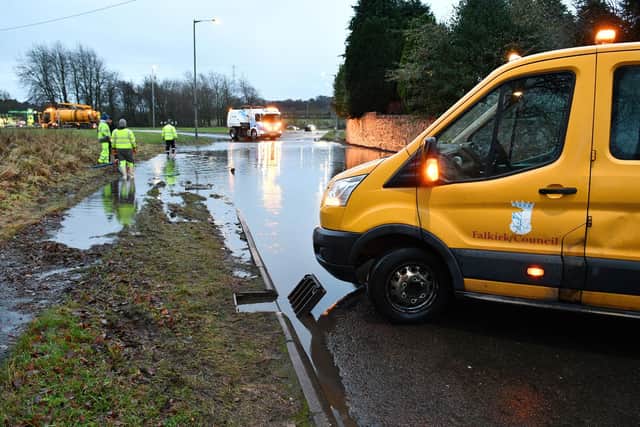 The B805 from Bowhouse Roundabout to Maddiston is currently closed to traffic due to flooding. (Pic: Michael Gillen)