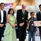 Aarush Naik, from Kinnaird Primary, received the Rubik's Hero award.  He is pictured with, from left, Anas Sarwar; Dr Rashmi Mantri (BYITC founder); Bill Buchanan (judge) and Kiran Sagar (Whitebridge Financial Services).  (Pic: British Youth International College)