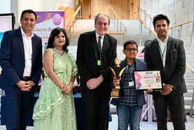 Aarush Naik, from Kinnaird Primary, received the Rubik's Hero award.  He is pictured with, from left, Anas Sarwar; Dr Rashmi Mantri (BYITC founder); Bill Buchanan (judge) and Kiran Sagar (Whitebridge Financial Services).  (Pic: British Youth International College)