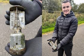 Connor Owens with the mortar he found in the Union Canal near Falkirk. Pics: Glasgow Magnet Fishing group
