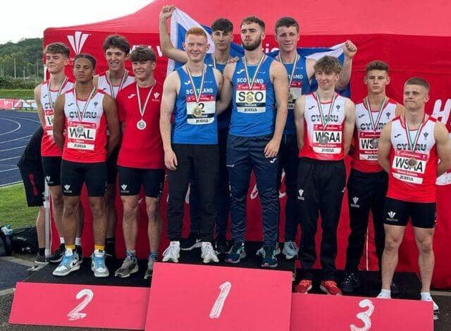 Euan Cunningham, bottom right of Scotland team in middle, won gold with his team (Photo: Scottish Athletics)