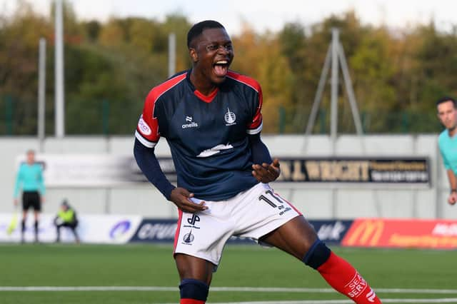 Agyeman celebrates scoring for Falkirk against Alloa (Photo: Ian Sneddon)