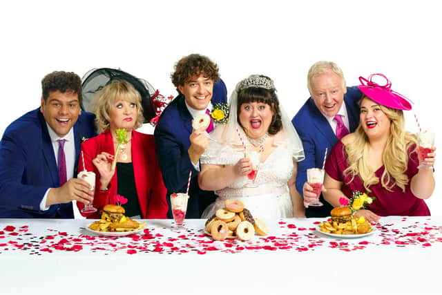 Marc Akinfolarin, Sherrie Hewson, Lee Mead, Jessica Ellis, Les Dennis and Alex-May Roberts in Fat Friends the Musical