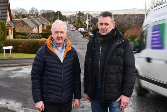 Concerns over speeding traffic on B810 Shieldhill Road have been raised by Reddingmuirhead and Wallacestone Community Council. Pictured: left, Ian Shotliff, secretary and James McGovern, vice convenor