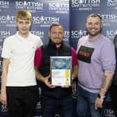 Josh Buchanan, Darren Ramsay and Karl Hearton from Kinnaird Butchers & Deli pictured with their Gold Award in the Speciality Meat  Pie Awards with Jason Ward from sponsors John Scott Meats. Pic: Contributed