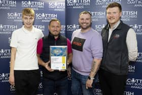 Josh Buchanan, Darren Ramsay and Karl Hearton from Kinnaird Butchers & Deli pictured with their Gold Award in the Speciality Meat  Pie Awards with Jason Ward from sponsors John Scott Meats. Pic: Contributed