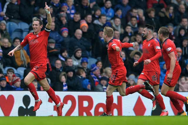 Falkirk's Aaron Muirhead celebrates scoring during March 2018's Scottish Cup quarter-final match against Rangers. (Photo: Mark Runnacles/Getty Images)