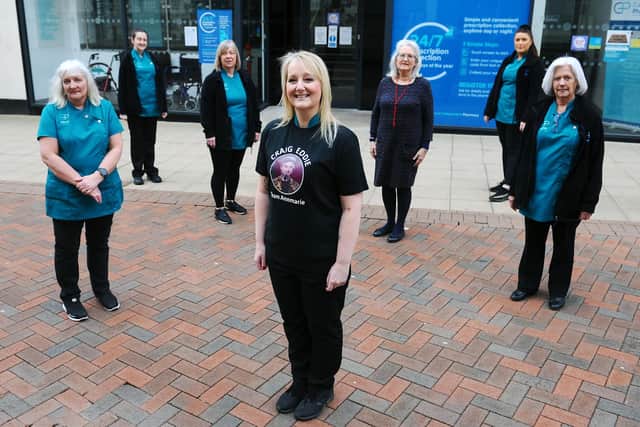Tracey Eddie and her colleagues at Callendar Pharmacy in Falkirk will be cheering on Craig Eddie in the final of The Voice. Picture: Michael Gillen.