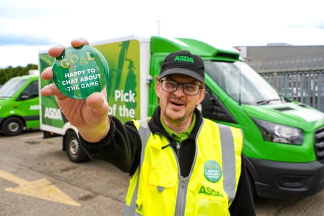 Asda delivery drivers in Scotland have option to wear a ‘Happy to Chat about the game’ badge.