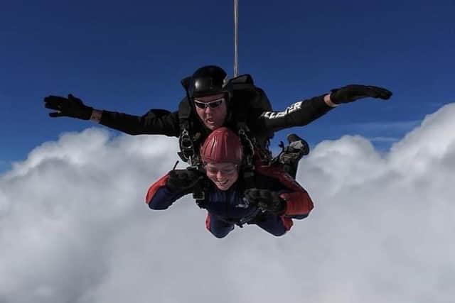 Aimee Thompson skydive to raise funds for Carrondale Care Home residents' comfort fund. Pic: Contributed