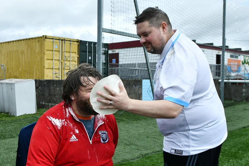 Gary Thorn of Denny Warriors getting pied at the fun day.