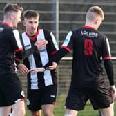 Dunipace midfielder Dylan Tennant celebrates his goal against Glenrothes (Photo: Michael Gillen)