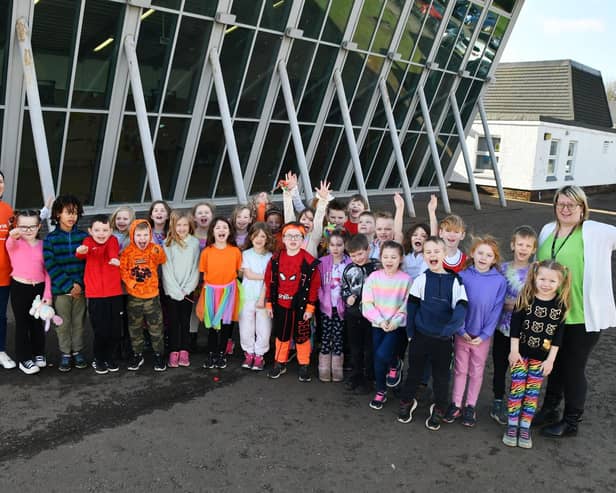 St Margaret's Primary School Go Bright Day for Muscular Dystrophy UK. with P3 pupil Jack Robinson pictured centre