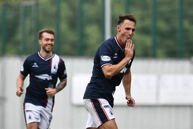 24-08-2024. Picture Michael Gillen. FALKIRK. Falkirk Stadium. Falkirk FC v Partick Thistle FC. Season 2024 - 2025. SPFL William Hill Championship. Match Day 4. Falkirk goal, Liam Henderson 5.