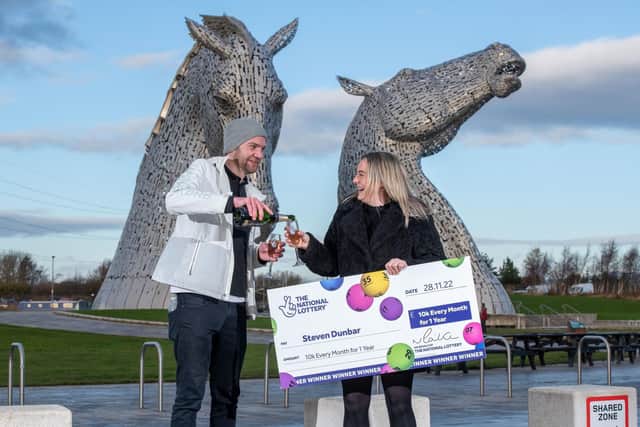 Steven Dunbar and partner Rebecca celebrate the win at the Kelpies.  (Pic: Paul Chappells)